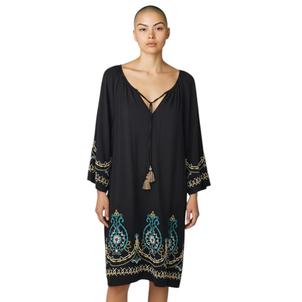 Kate & Sam Boho Dress Sz L Embroidered Peasant Boho Bell Sleeve Tassel